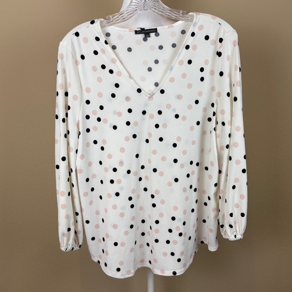 Adrianna Papell Tops - Adrianna Papell Off White with Black/Pink Polka Dots Long Sleeve Pullover Blouse